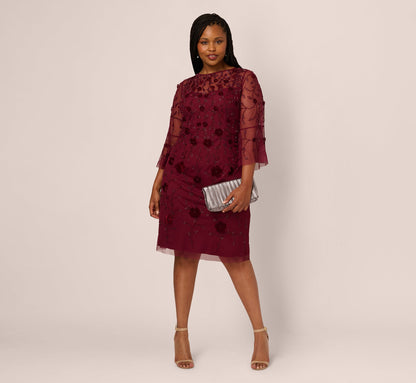 Plus Size Three Quarter Sleeve Velvet Floral Bead Sheath Dress - Mahogany | Adrianna Papell