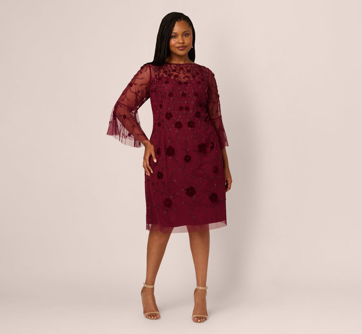 Plus Size Three Quarter Sleeve Velvet Floral Bead Sheath Dress - Mahogany | Adrianna Papell