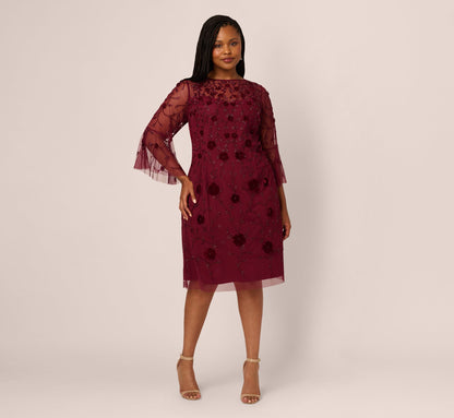 Plus Size Three Quarter Sleeve Velvet Floral Bead Sheath Dress - Mahogany | Adrianna Papell