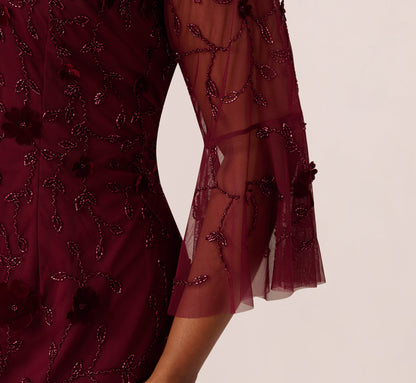 Plus Size Three Quarter Sleeve Velvet Floral Bead Sheath Dress - Mahogany | Adrianna Papell