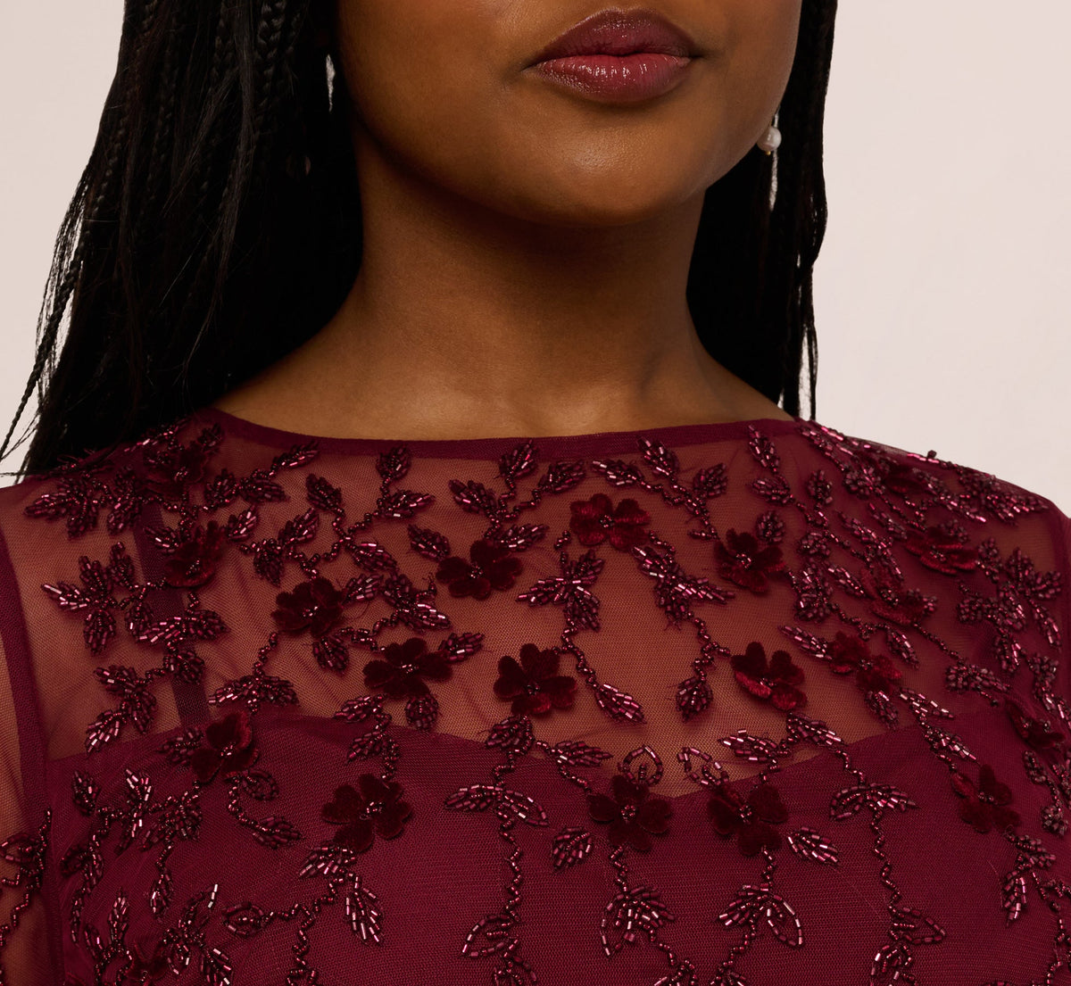 Plus Size Three Quarter Sleeve Velvet Floral Bead Sheath Dress - Mahogany | Adrianna Papell