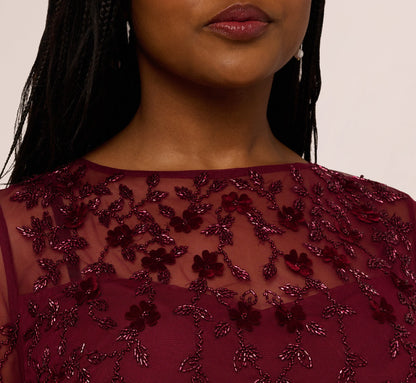 Plus Size Three Quarter Sleeve Velvet Floral Bead Sheath Dress - Mahogany | Adrianna Papell