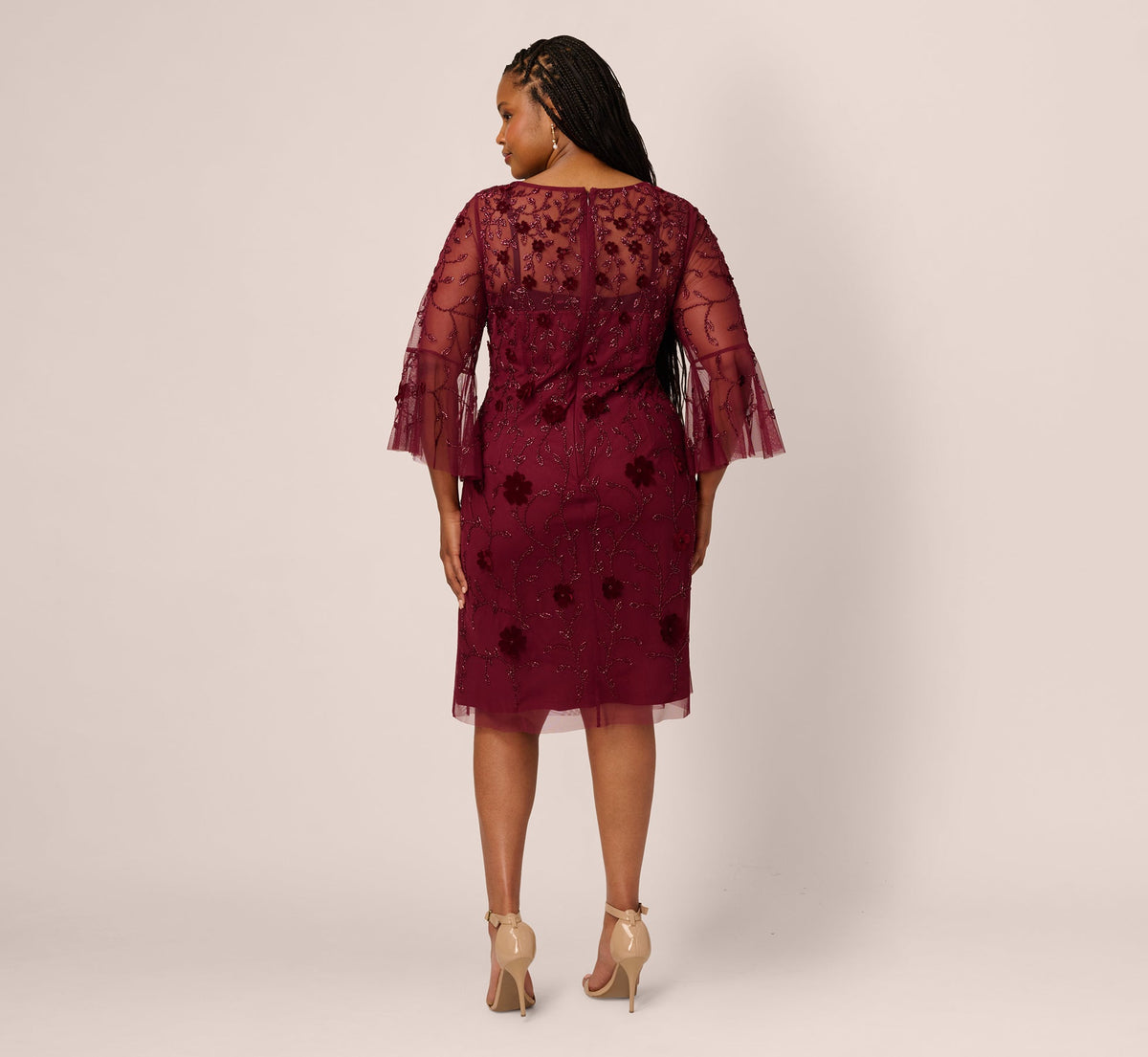 Plus Size Three Quarter Sleeve Velvet Floral Bead Sheath Dress - Mahogany | Adrianna Papell