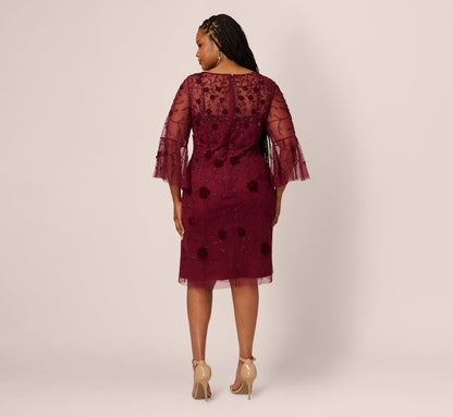 Plus Size Three Quarter Sleeve Velvet Floral Bead Sheath Dress - Mahogany | Adrianna Papell