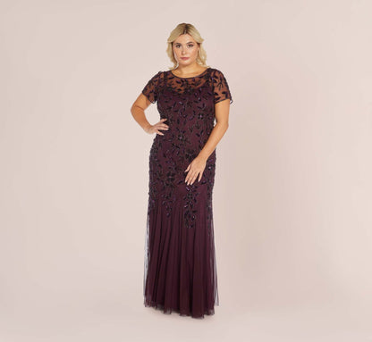 Plus Size Hand Beaded Short Sleeve Floral Godet Gown - Night Plum | Adrianna Papell