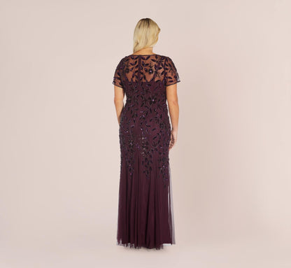 Plus Size Hand Beaded Short Sleeve Floral Godet Gown - Night Plum | Adrianna Papell
