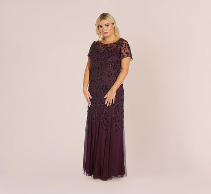 Plus Size Hand Beaded Short Sleeve Floral Godet Gown - Night Plum | Adrianna Papell