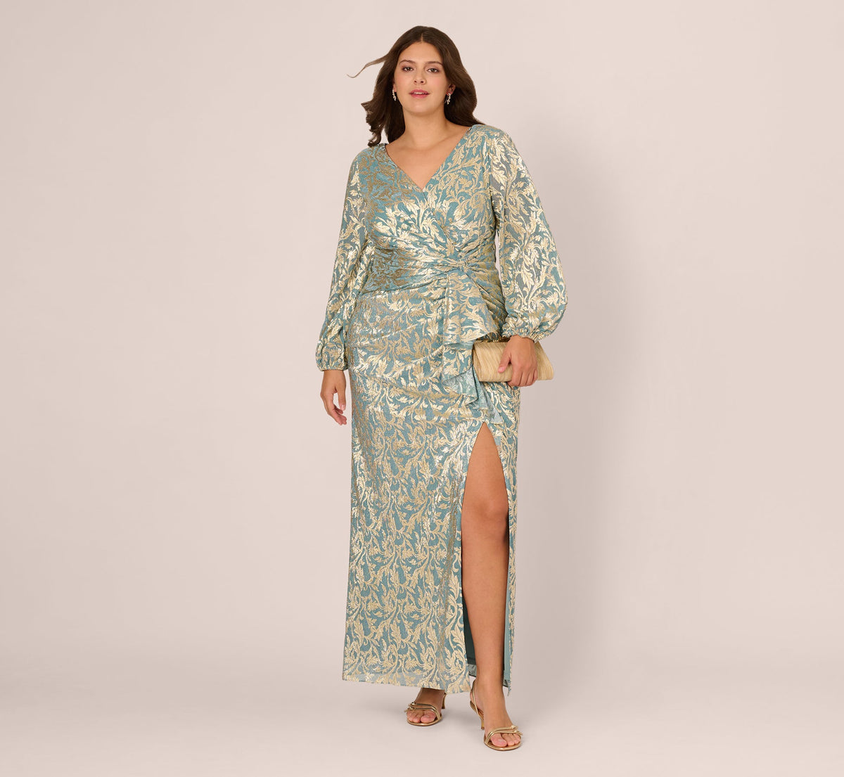 Plus Size Long Sleeve Metallic Crinkle Drape Gown - Mint Gold | Adrianna Papell