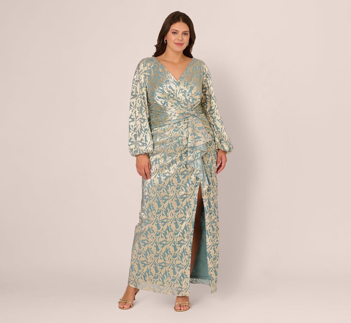 Plus Size Long Sleeve Metallic Crinkle Drape Gown - Mint Gold | Adrianna Papell