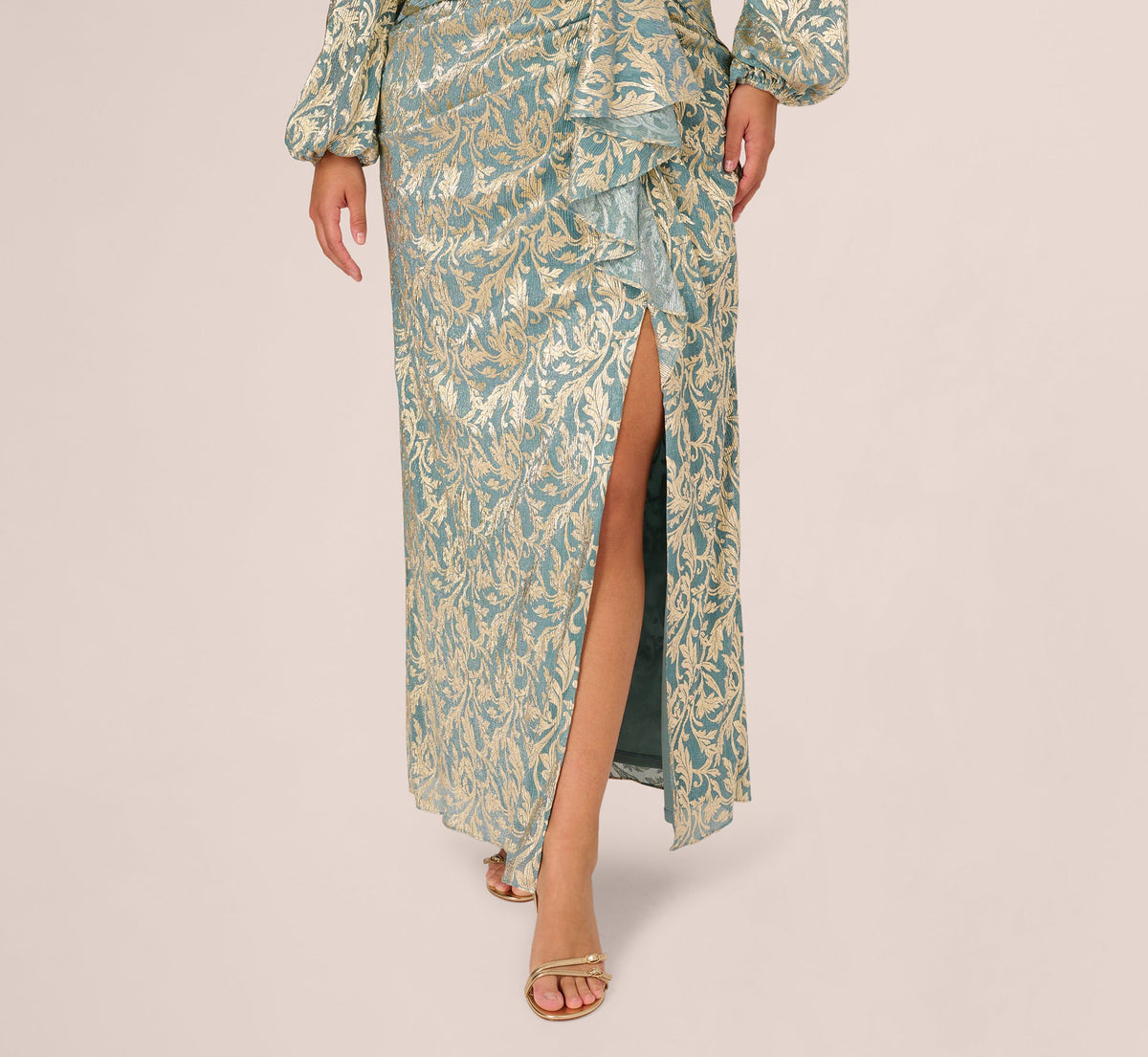Plus Size Long Sleeve Metallic Crinkle Drape Gown - Mint Gold | Adrianna Papell