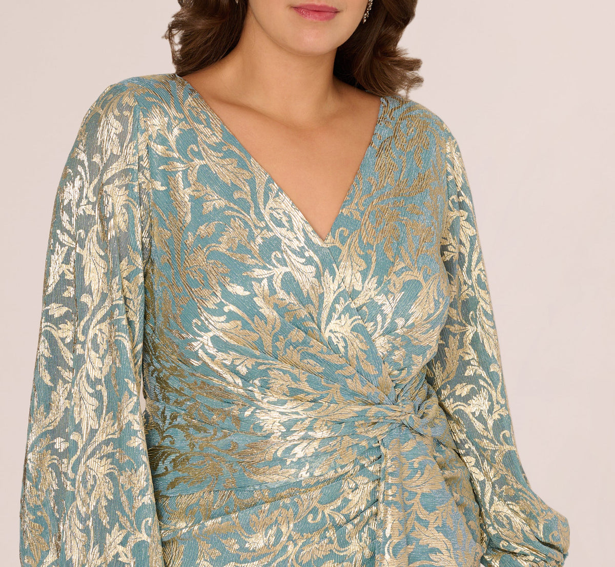 Plus Size Long Sleeve Metallic Crinkle Drape Gown - Mint Gold | Adrianna Papell