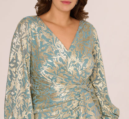 Plus Size Long Sleeve Metallic Crinkle Drape Gown - Mint Gold | Adrianna Papell