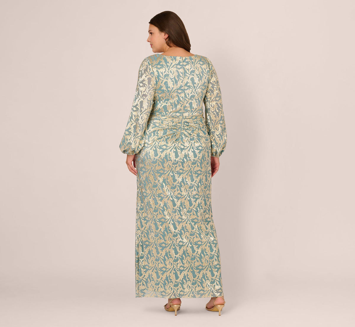 Plus Size Long Sleeve Metallic Crinkle Drape Gown - Mint Gold | Adrianna Papell