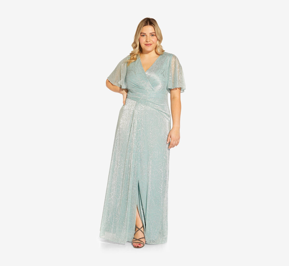 Plus Size Metallic Mesh Draped Gown - Sea Glass | Adrianna Papell