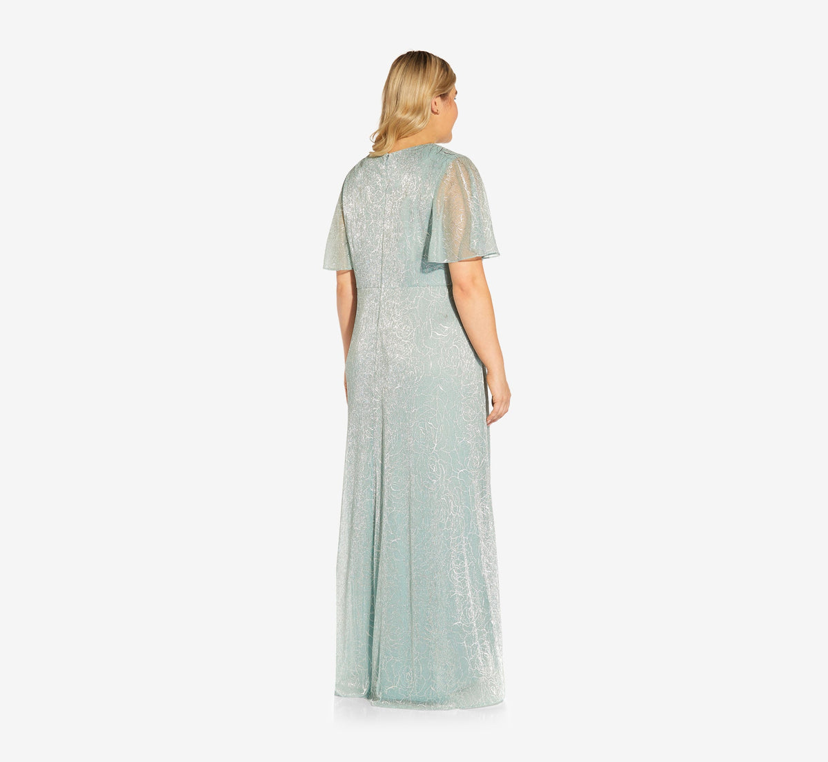 Plus Size Metallic Mesh Draped Gown - Sea Glass | Adrianna Papell