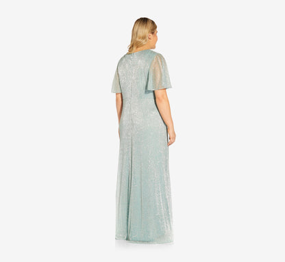 Plus Size Metallic Mesh Draped Gown - Sea Glass | Adrianna Papell