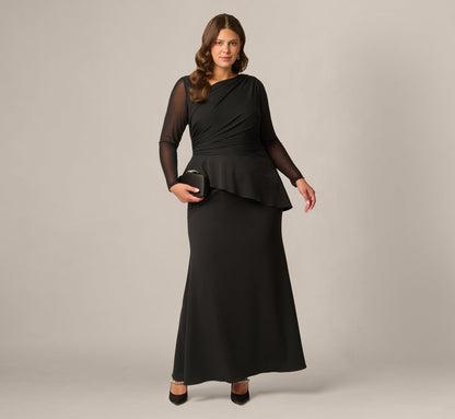 Plus Size Knit Crepe Combo Mesh Gown - Black | Adrianna Papell