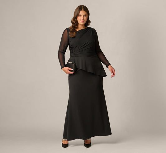 Plus Size Knit Crepe Combo Mesh Gown - Black | Adrianna Papell