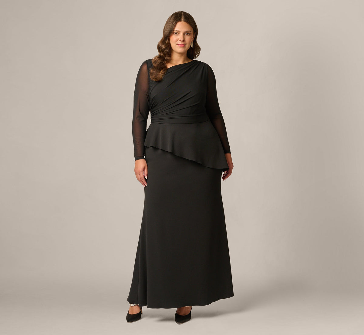Plus Size Knit Crepe Combo Mesh Gown - Black | Adrianna Papell