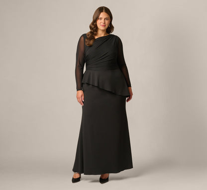 Plus Size Knit Crepe Combo Mesh Gown - Black | Adrianna Papell