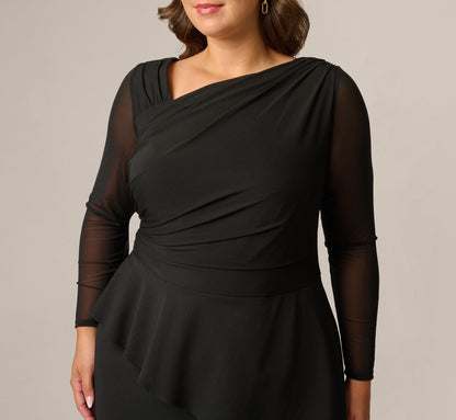 Plus Size Knit Crepe Combo Mesh Gown - Black | Adrianna Papell