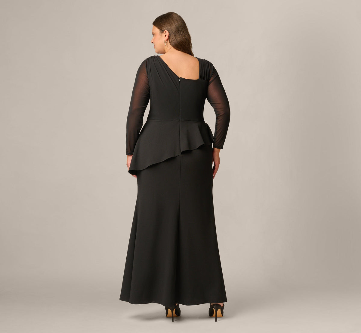 Plus Size Knit Crepe Combo Mesh Gown - Black | Adrianna Papell