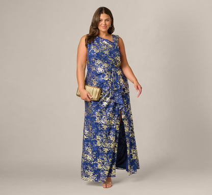 Plus Size Asymmetrical Draped Stretch Metallic Lace Gown - Navy Gold | Adrianna Papell