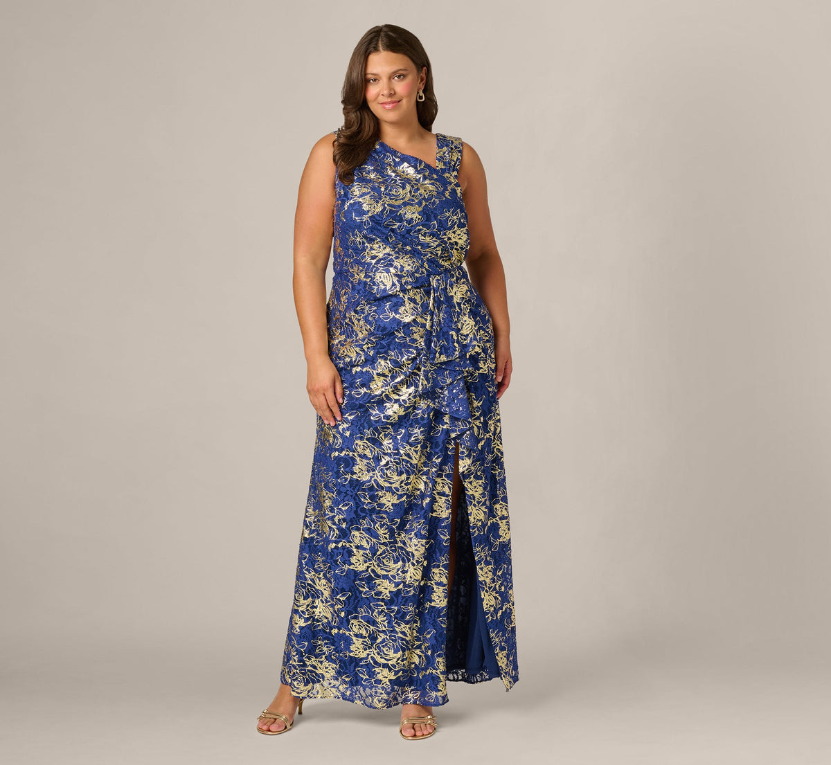 Plus Size Asymmetrical Draped Stretch Metallic Lace Gown - Navy Gold | Adrianna Papell