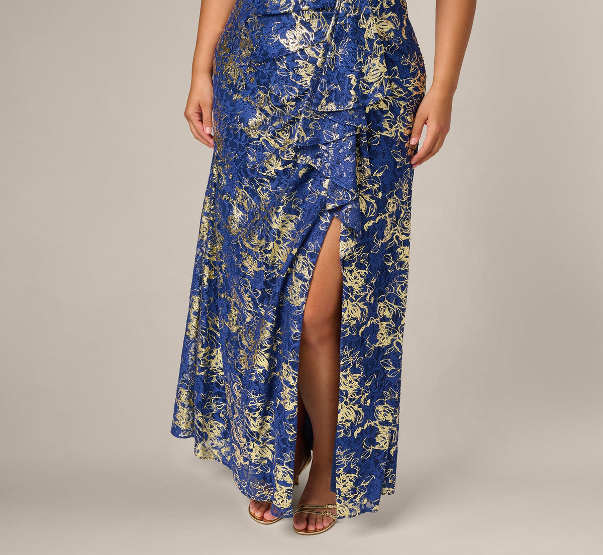 Plus Size Asymmetrical Draped Stretch Metallic Lace Gown - Navy Gold | Adrianna Papell