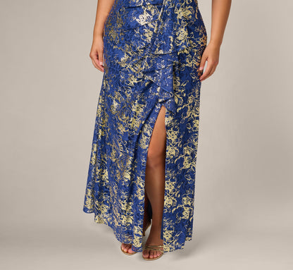 Plus Size Asymmetrical Draped Stretch Metallic Lace Gown - Navy Gold | Adrianna Papell