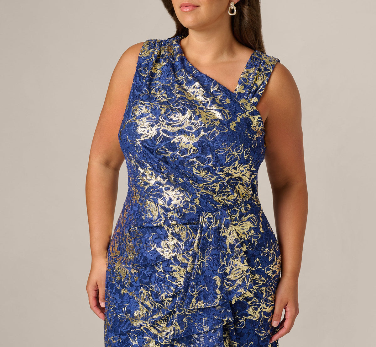 Plus Size Asymmetrical Draped Stretch Metallic Lace Gown - Navy Gold | Adrianna Papell