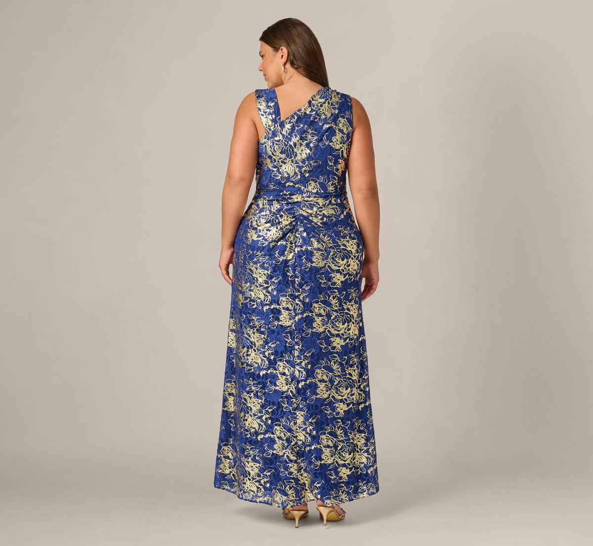 Plus Size Asymmetrical Draped Stretch Metallic Lace Gown - Navy Gold | Adrianna Papell