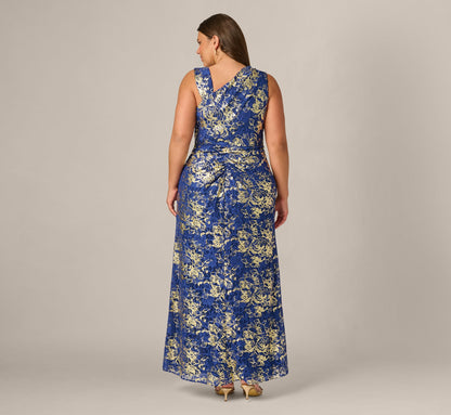 Plus Size Asymmetrical Draped Stretch Metallic Lace Gown - Navy Gold | Adrianna Papell