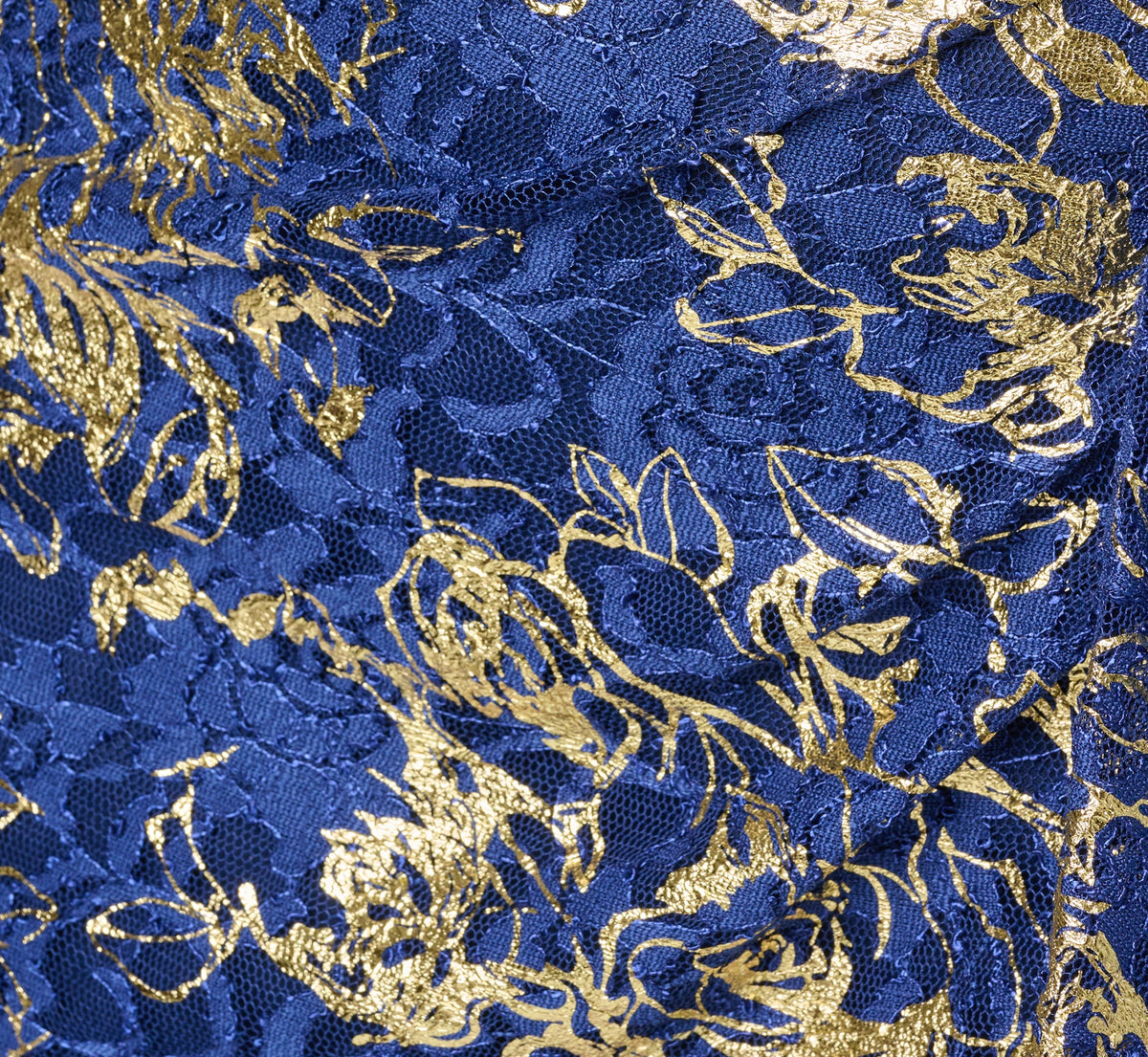 Plus Size Asymmetrical Draped Stretch Metallic Lace Gown - Navy Gold | Adrianna Papell