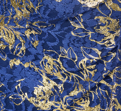Plus Size Asymmetrical Draped Stretch Metallic Lace Gown - Navy Gold | Adrianna Papell