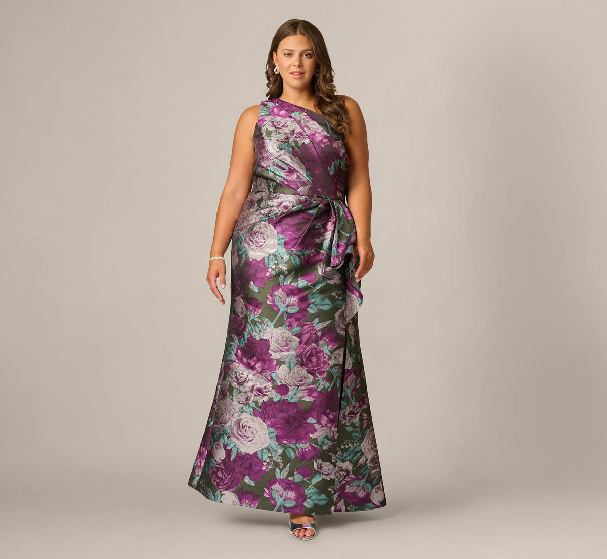 Plus Size One Shoulder Rose Garden Jacquard Mermaid Gown - Green Multi | Adrianna Papell