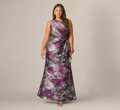 Plus Size One Shoulder Rose Garden Jacquard Mermaid Gown - Green Multi | Adrianna Papell