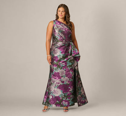 Plus Size One Shoulder Rose Garden Jacquard Mermaid Gown - Green Multi | Adrianna Papell