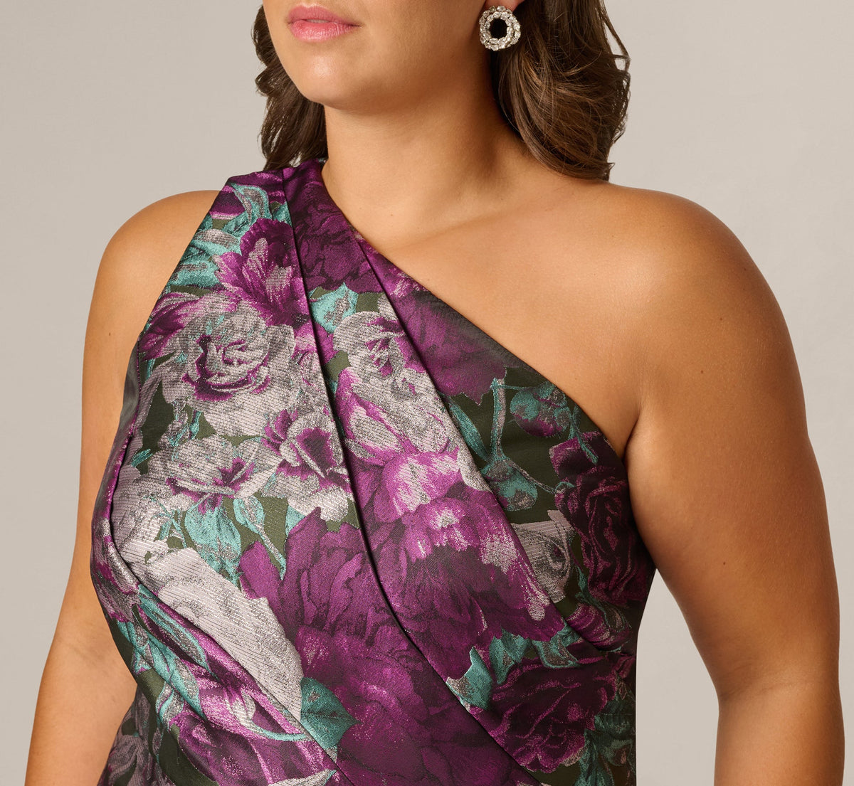 Plus Size One Shoulder Rose Garden Jacquard Mermaid Gown - Green Multi | Adrianna Papell