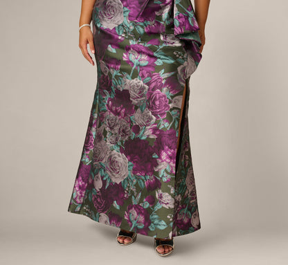 Plus Size One Shoulder Rose Garden Jacquard Mermaid Gown - Green Multi | Adrianna Papell