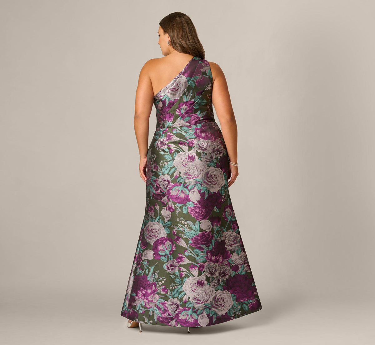 Plus Size One Shoulder Rose Garden Jacquard Mermaid Gown - Green Multi | Adrianna Papell