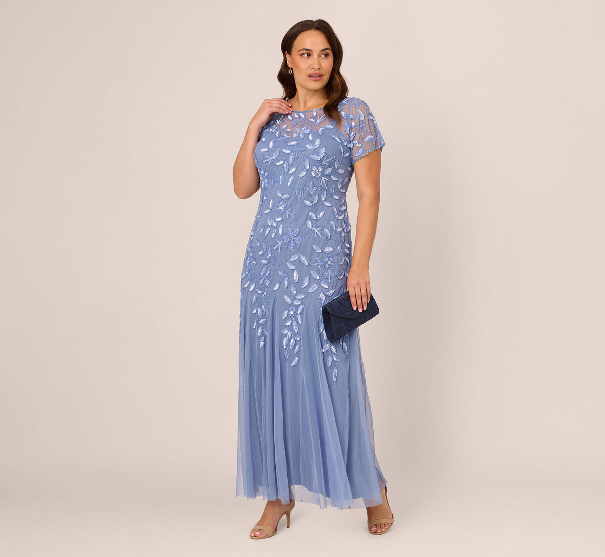 Plus Size Hand Beaded Short Sleeve Floral Godet Gown - French Blue | Adrianna Papell
