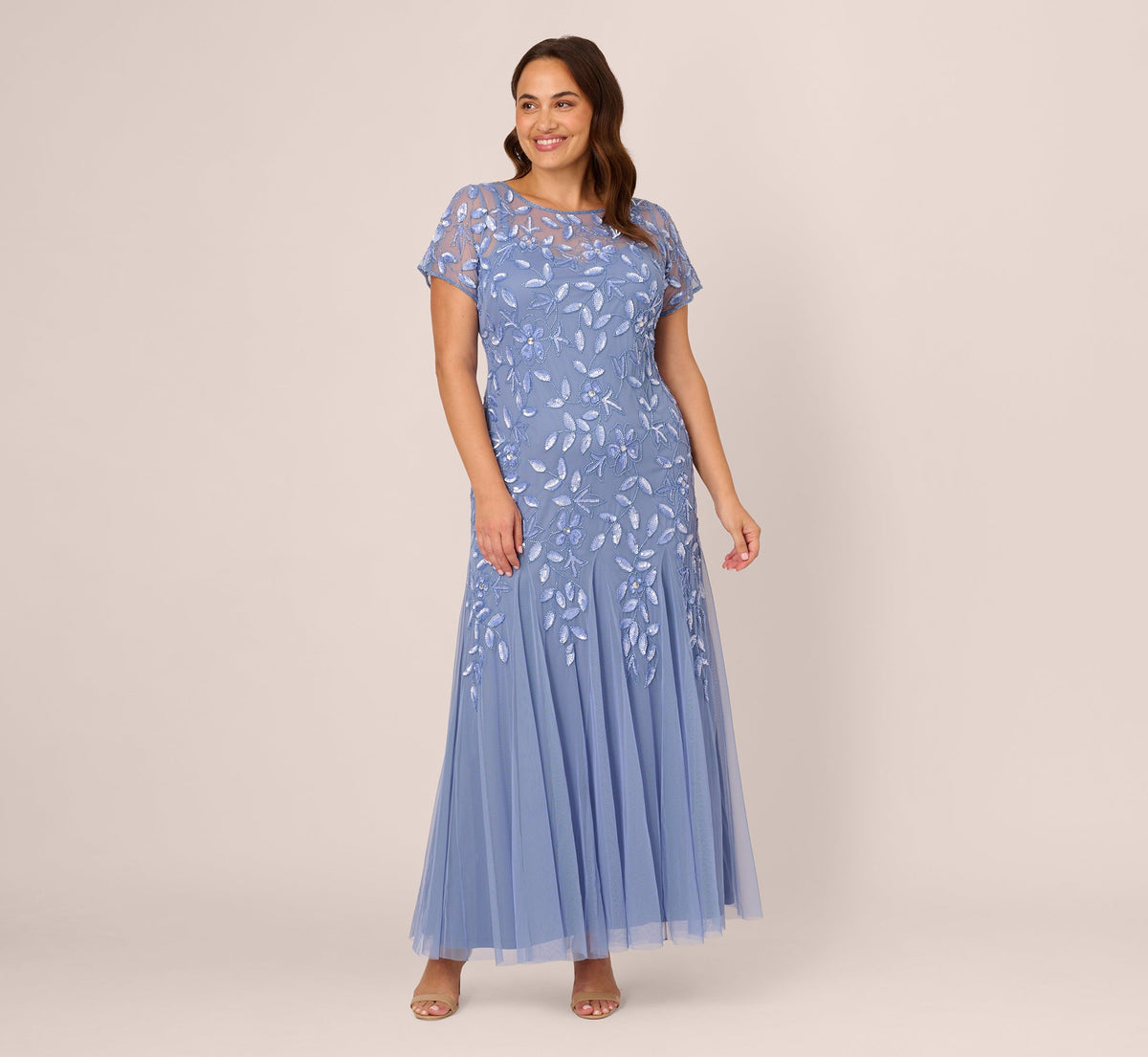 Plus Size Hand Beaded Short Sleeve Floral Godet Gown - French Blue | Adrianna Papell