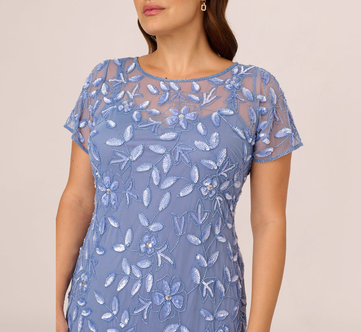 Plus Size Hand Beaded Short Sleeve Floral Godet Gown - French Blue | Adrianna Papell