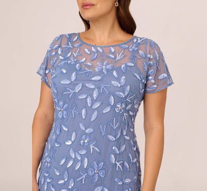 Plus Size Hand Beaded Short Sleeve Floral Godet Gown - French Blue | Adrianna Papell
