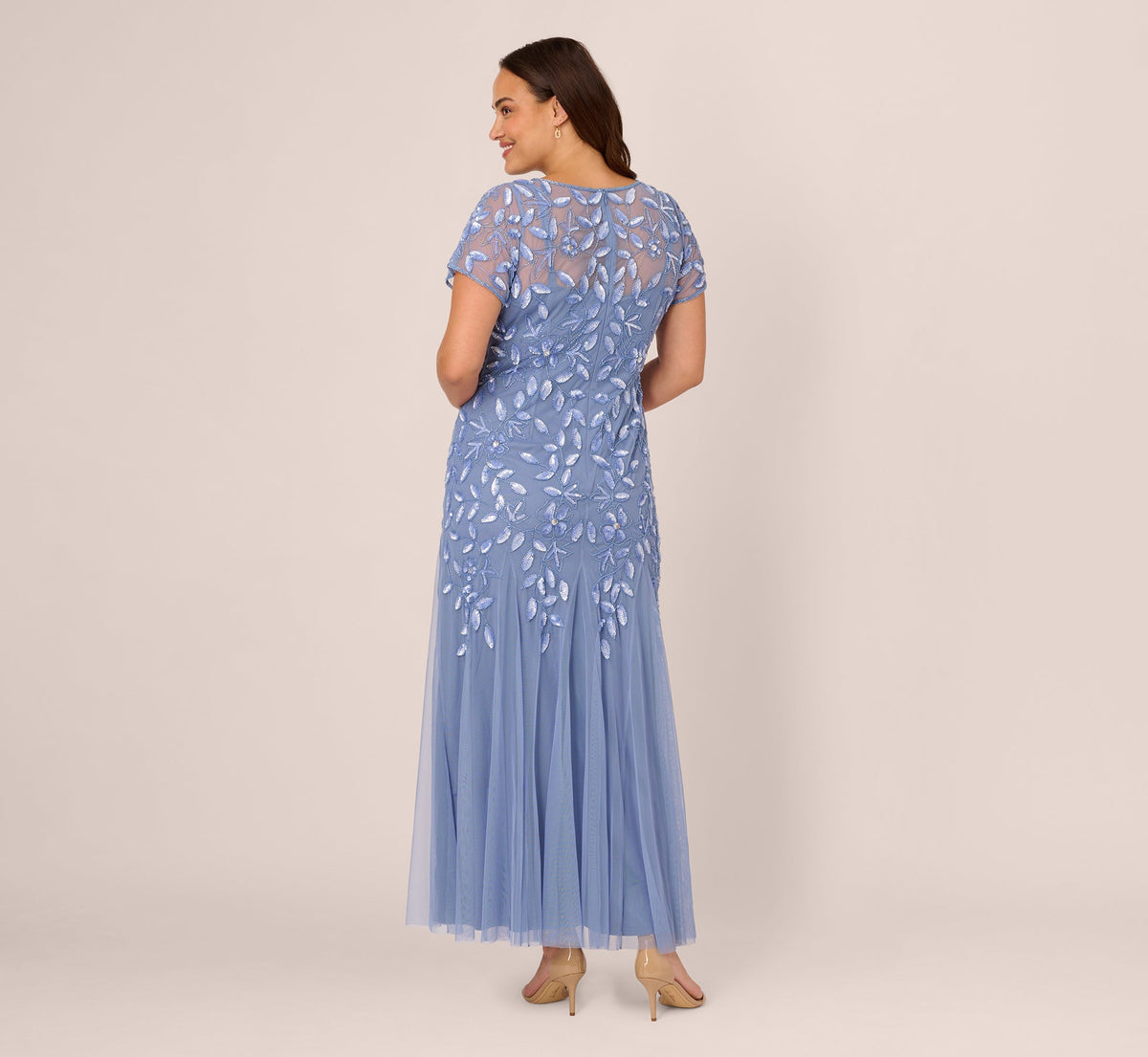 Plus Size Hand Beaded Short Sleeve Floral Godet Gown - French Blue | Adrianna Papell