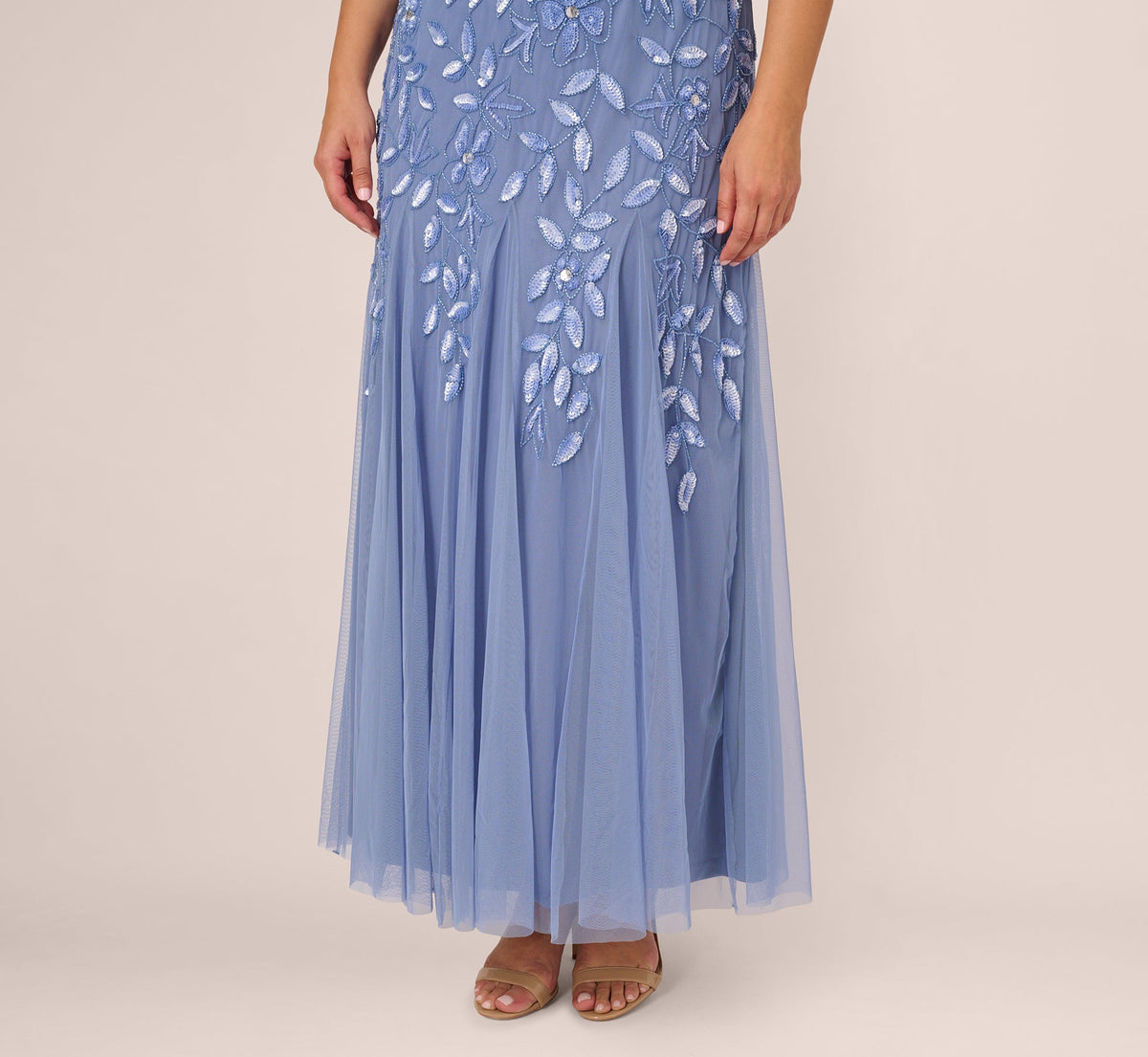 Plus Size Hand Beaded Short Sleeve Floral Godet Gown - French Blue | Adrianna Papell