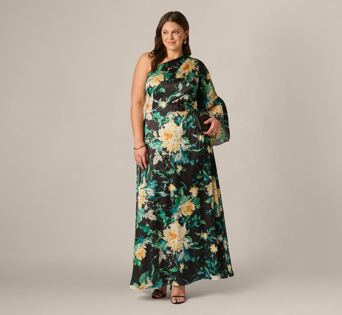 Plus Size One Shoulder Long Sleeve Floral Satin Gown - Black Multi | Adrianna Papell