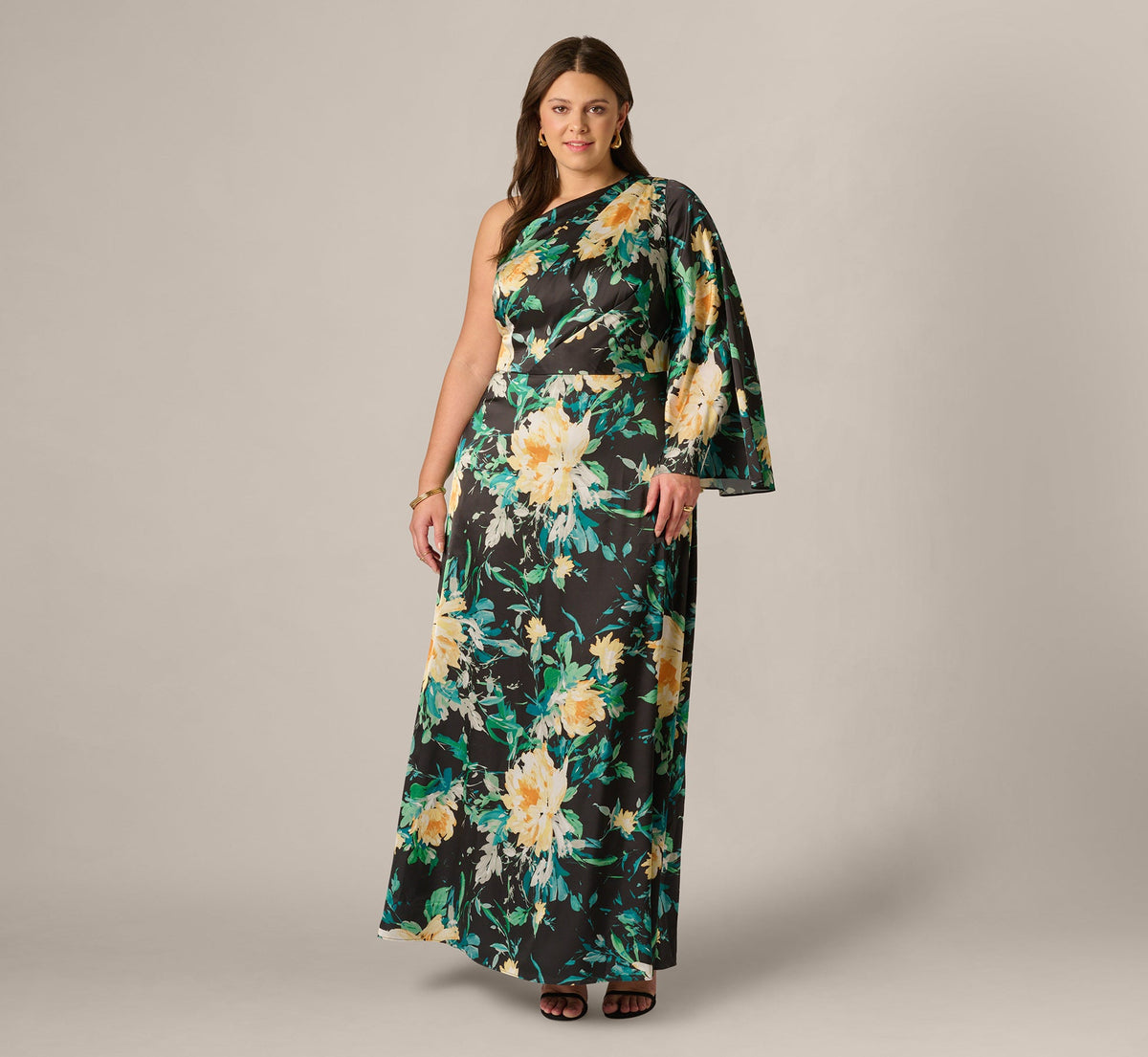Plus Size One Shoulder Long Sleeve Floral Satin Gown - Black Multi | Adrianna Papell