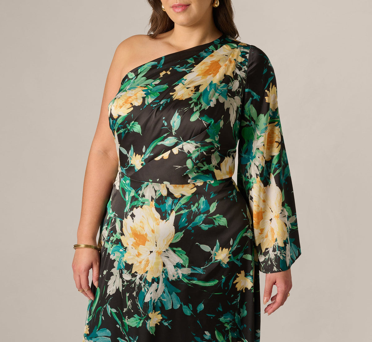 Plus Size One Shoulder Long Sleeve Floral Satin Gown - Black Multi | Adrianna Papell